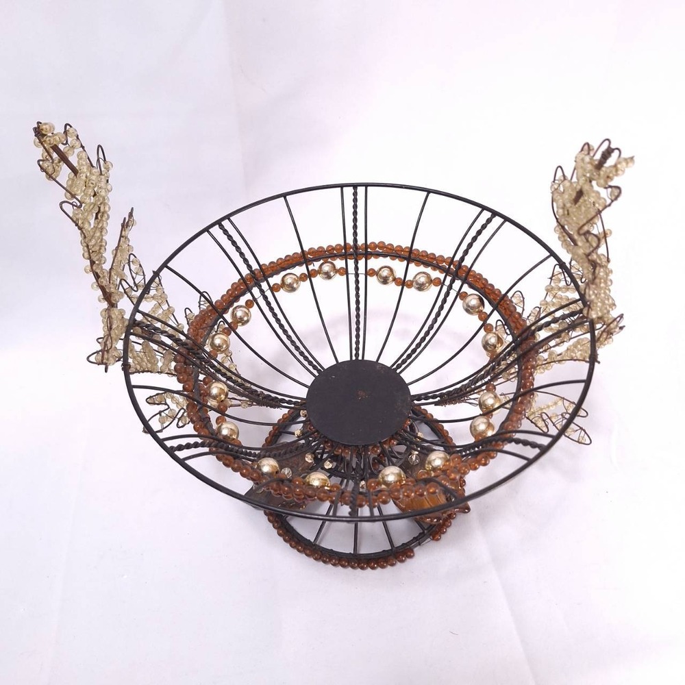 Vtg Metal Wire‎ Beaded Basket w/ Ceramic Leaves Rustic Deco Centerpiece 12.5"w - Picture 3 of 12